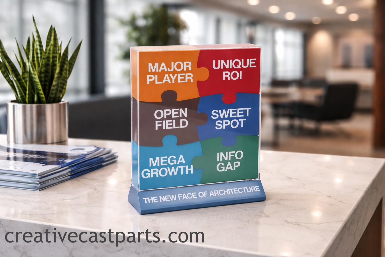 Corporate strategy puzzle display made by Creative Cast Parts. Creative Cast Parts specializes in the production of corporate, movie studios and small business tradeshow and exhibit pieces.